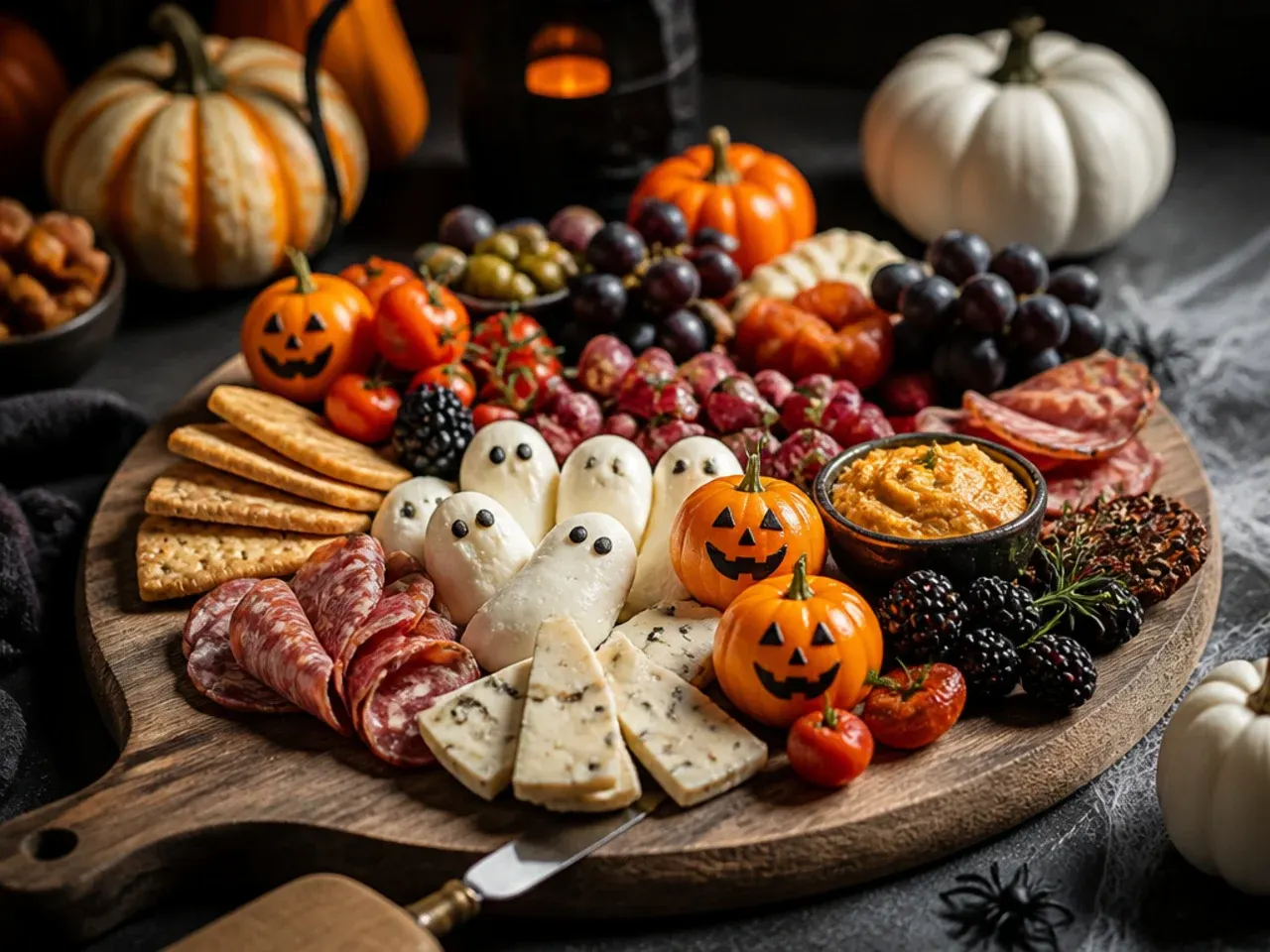 Individual mini Halloween charcuterie boards for children with simple cheese and cracker shapes
