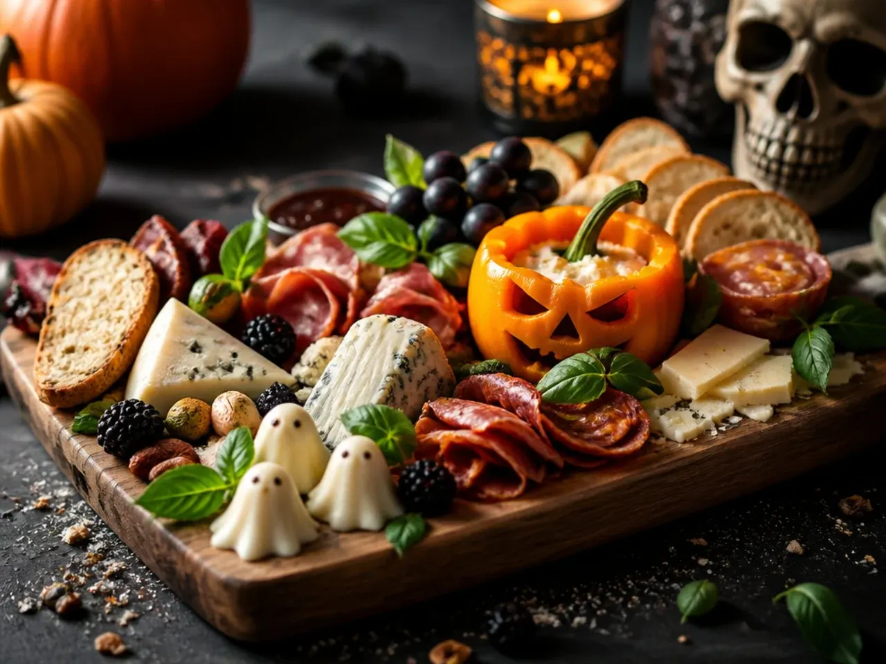 Fully decorated Halloween charcuterie board with spooky labels and black slate platter
