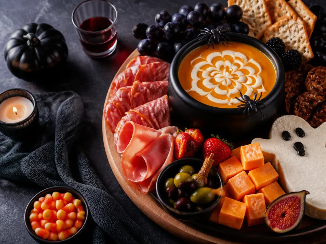Quick no-cook Halloween charcuterie board with pre-packaged meats, cheese cubes and olives