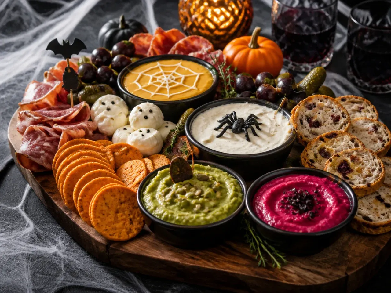 Homemade guacamole and spinach dip served in a hollowed pumpkin on a Halloween board