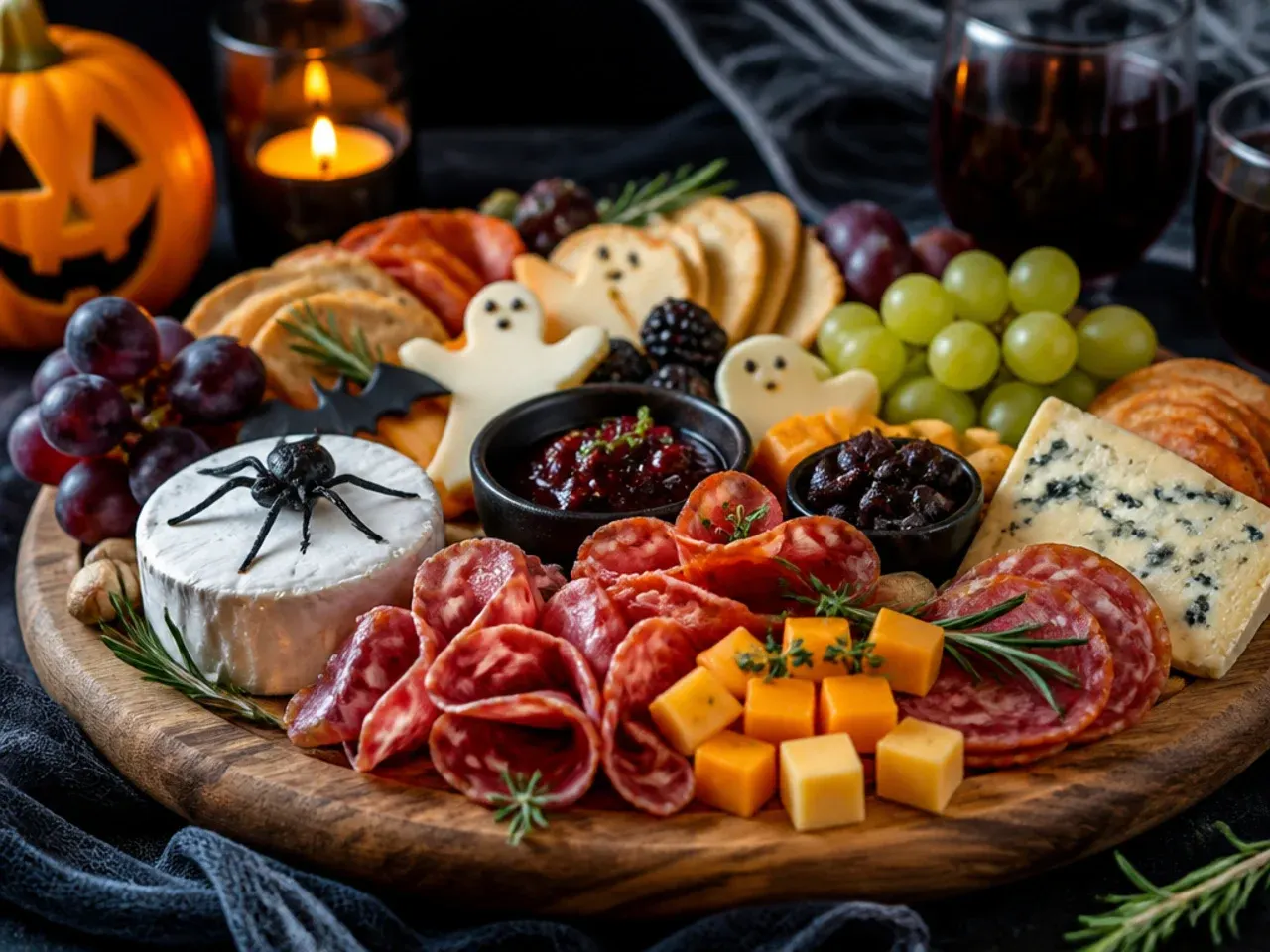 Rustic wooden Halloween charcuterie board with torn bread and whole cheese wedges