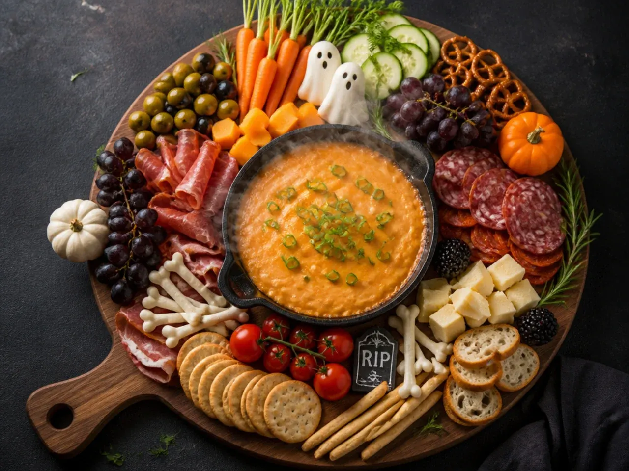 Shop-bought antipasti platter styled with Halloween candy eyeball garnish
