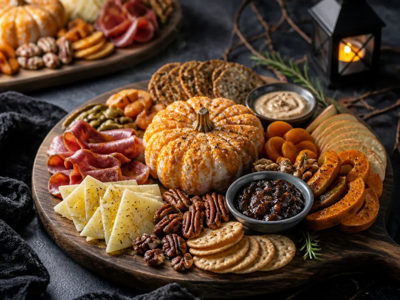 Pumpkin spice hummus and roasted pumpkin seeds on a Halloween charcuterie board