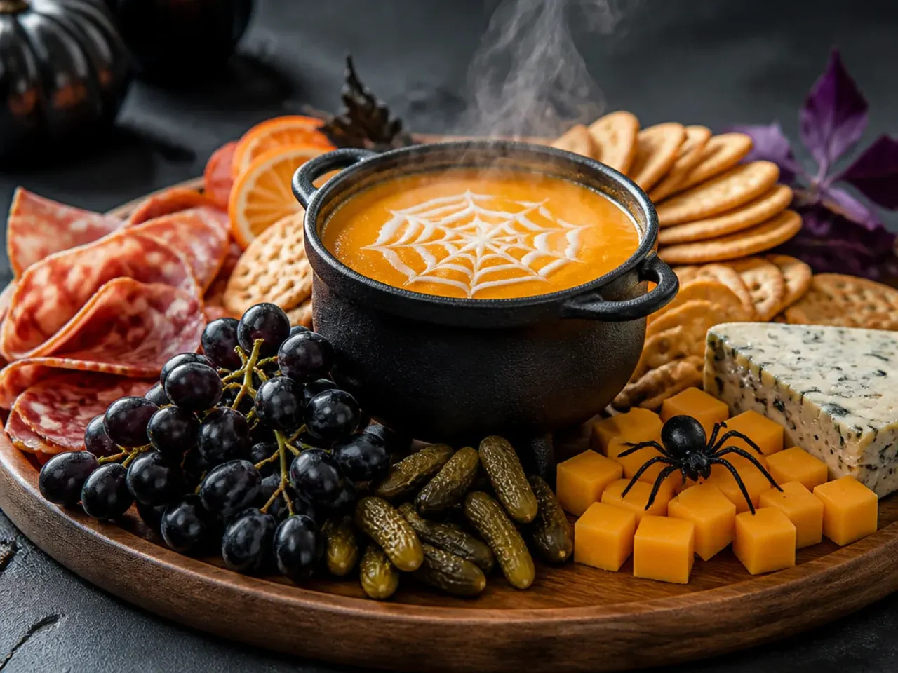 Small single-tier Halloween charcuterie board sized for a gathering of four