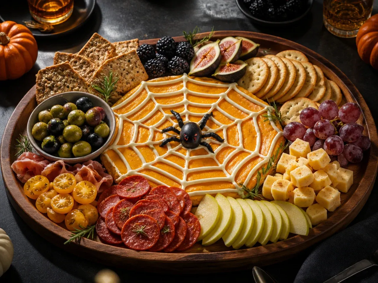 Cream cheese spread with a piped chocolate spiderweb design on a Halloween board