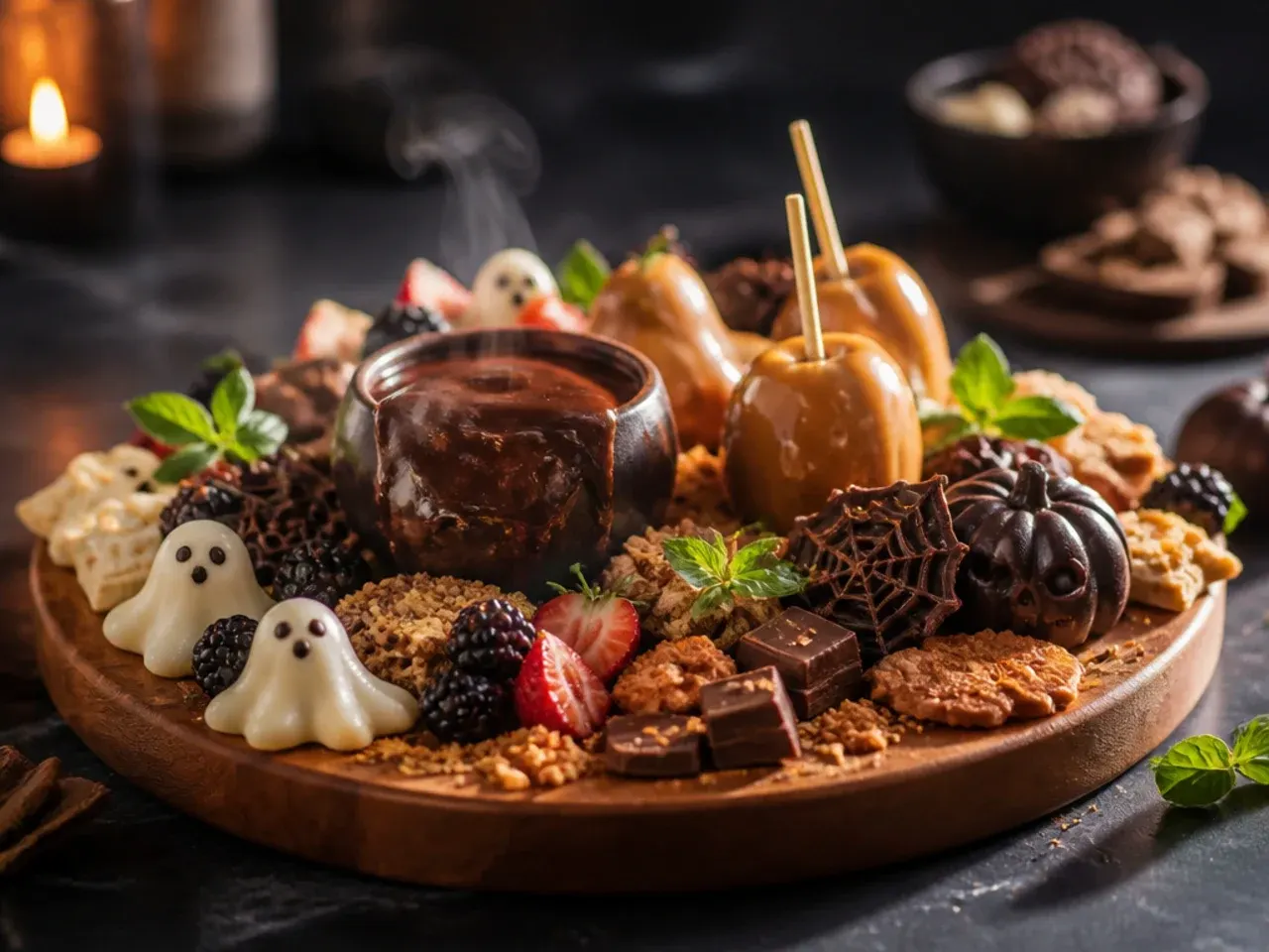 Loaded Halloween dessert board with candy corn, chocolate bark and mini caramel apples