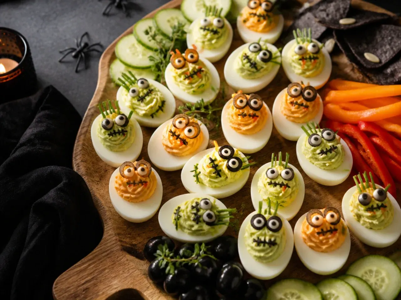 Deviled eggs styled as monster eyes on a Halloween charcuterie board