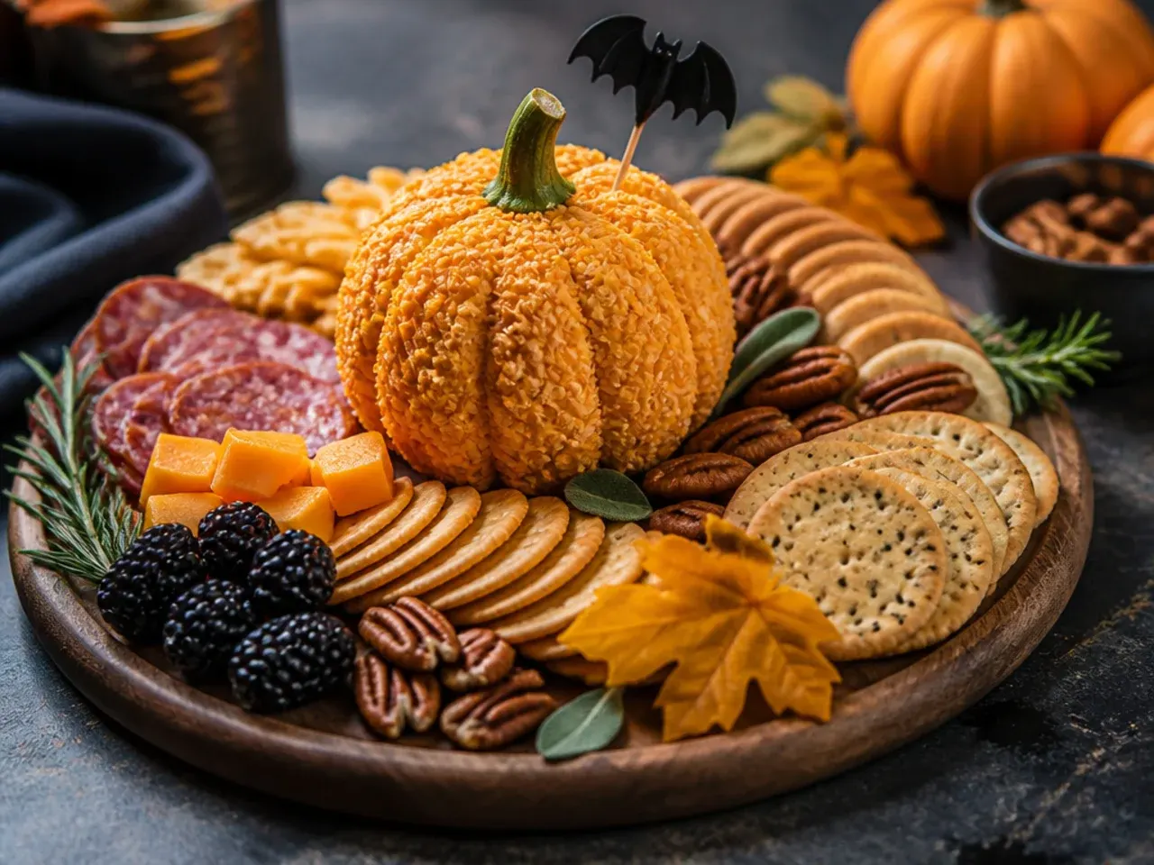 Cheese ball shaped like a pumpkin with a pretzel stem on a Halloween charcuterie board