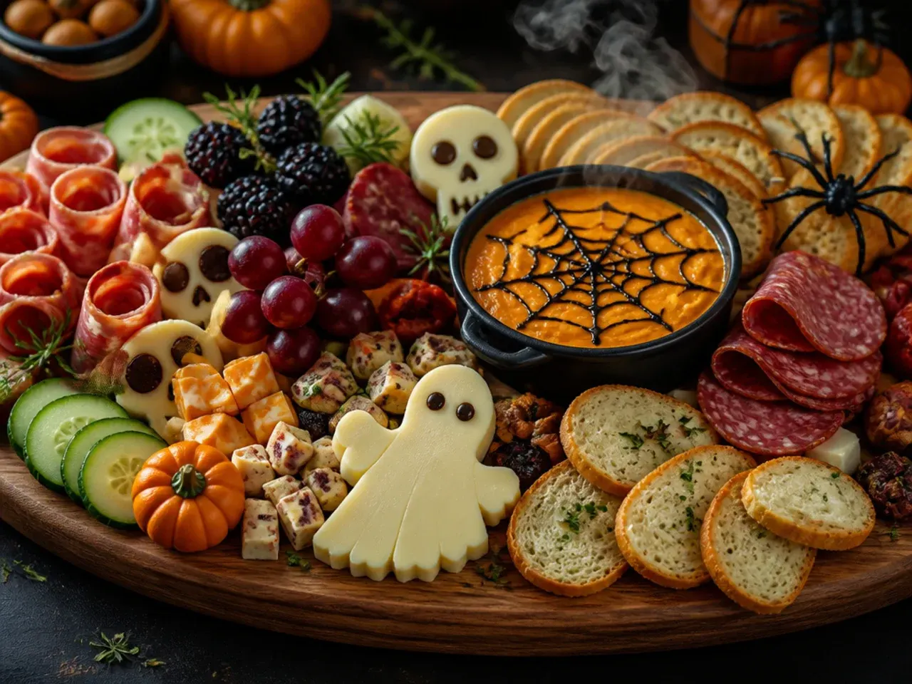 Large budget Halloween charcuterie board for a crowd with bulk crackers and cheese