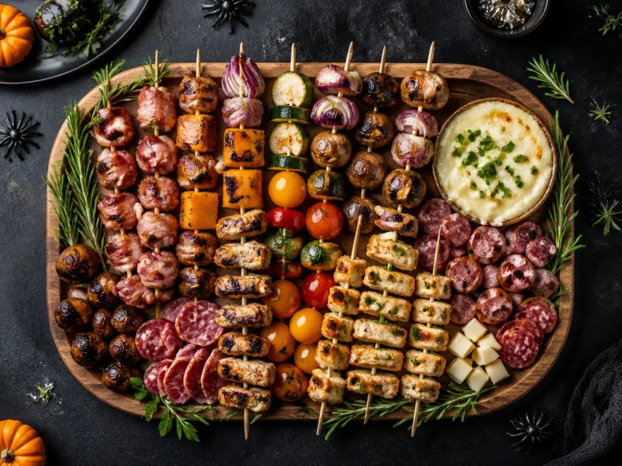 Build-your-own skewer bar with bowls of cheese, salami and olives for a Halloween party