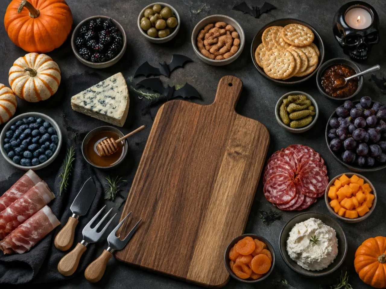 Close-up of hands arranging cheese and garnish on a Halloween charcuterie board