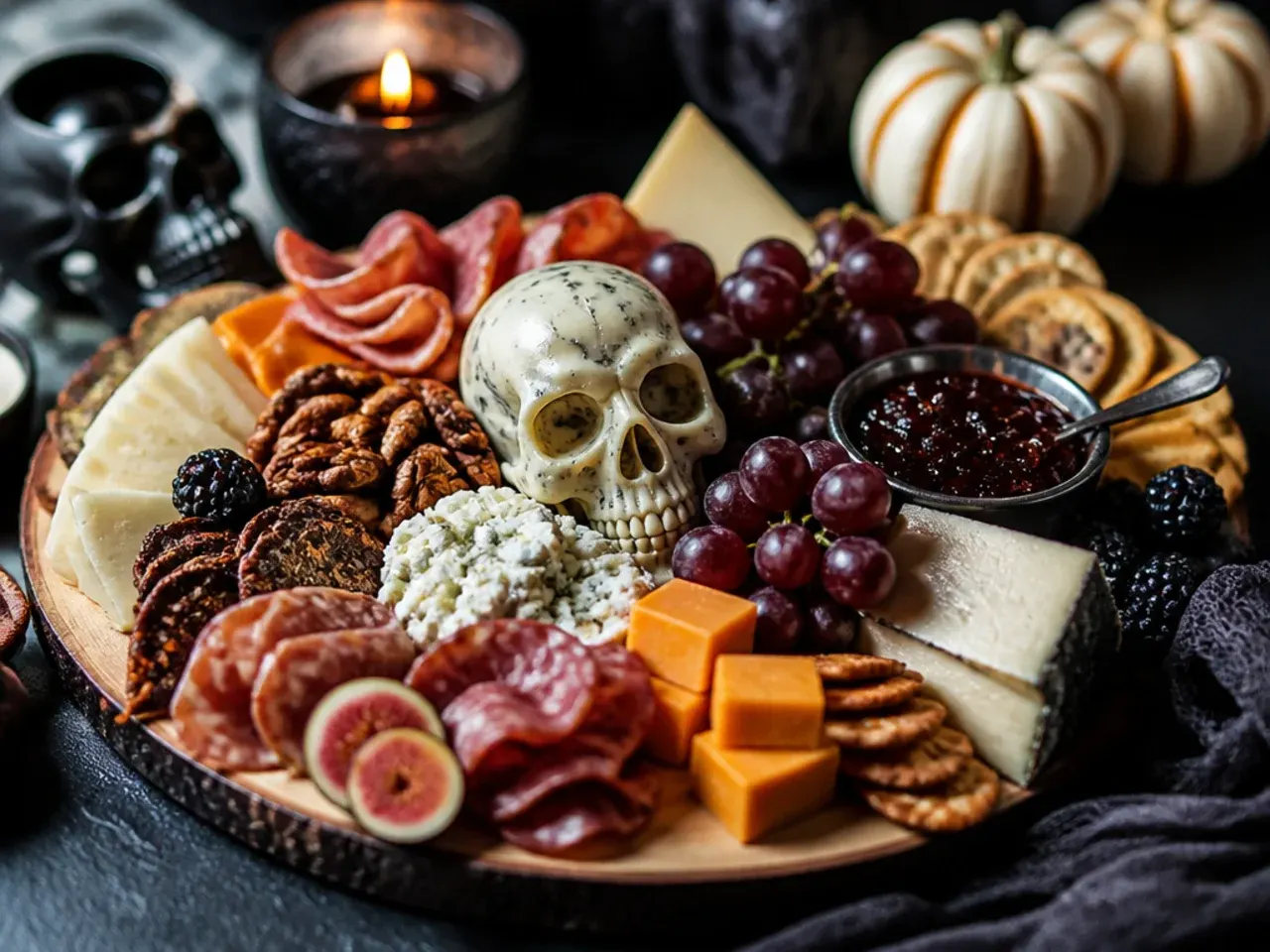 Halloween charcuterie board served alongside spiced apple cider at a party