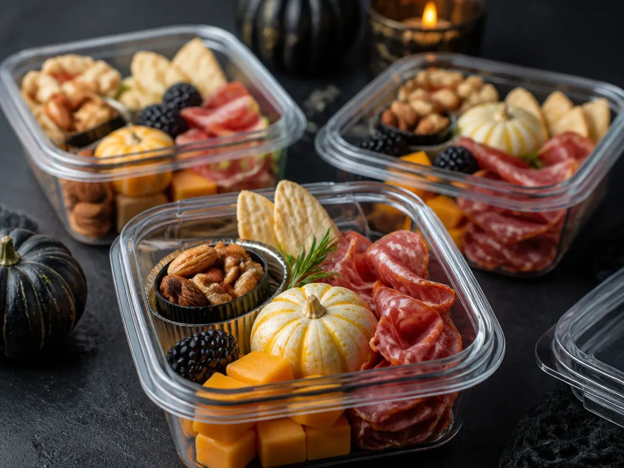 Leftover charcuterie board ingredients stored in airtight containers in the fridge