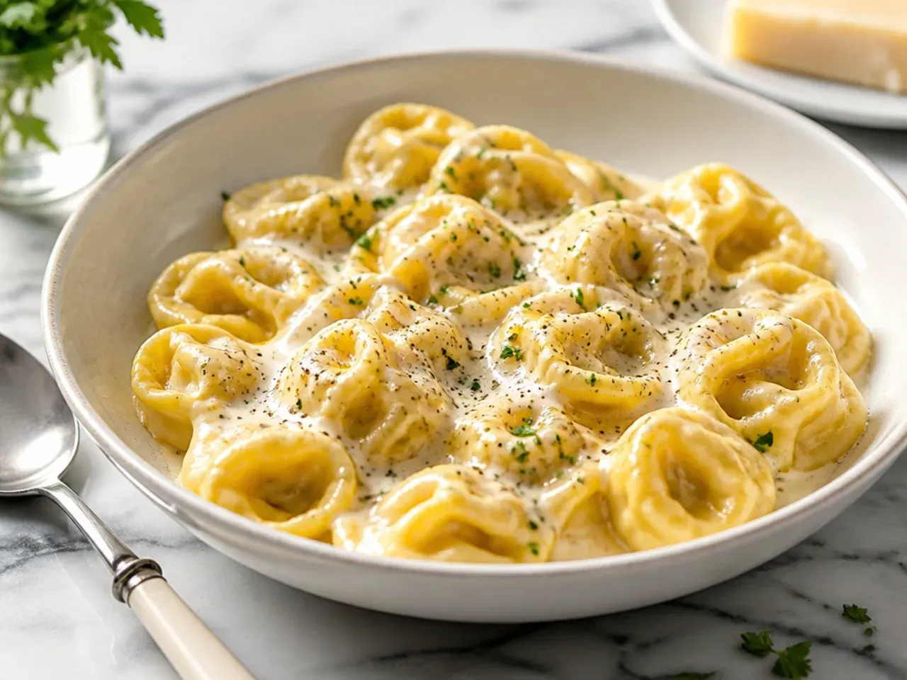 Fresh refrigerated cheese tortellini next to a bag of dried tortellini for comparison
