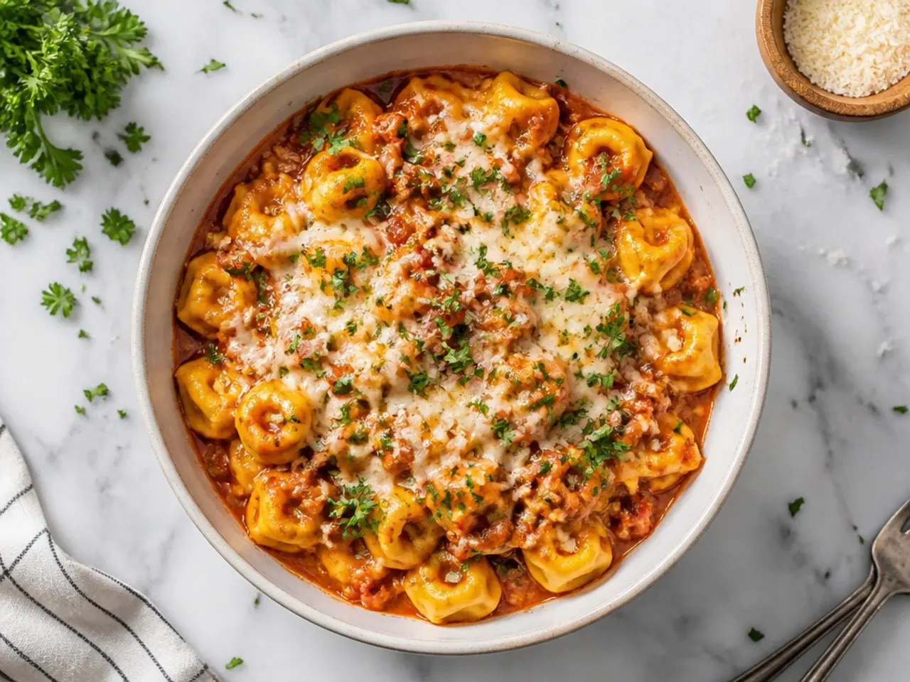 Tortellini being lifted out of boiling water with a slotted spoon, still slightly firm