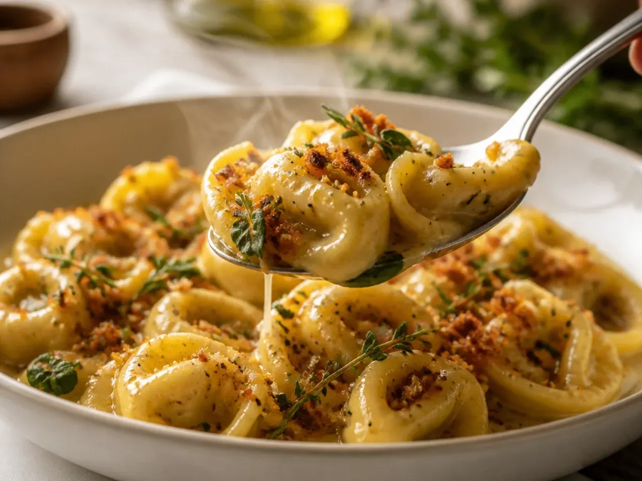 Tortellini floating freely in a large pot of boiling water