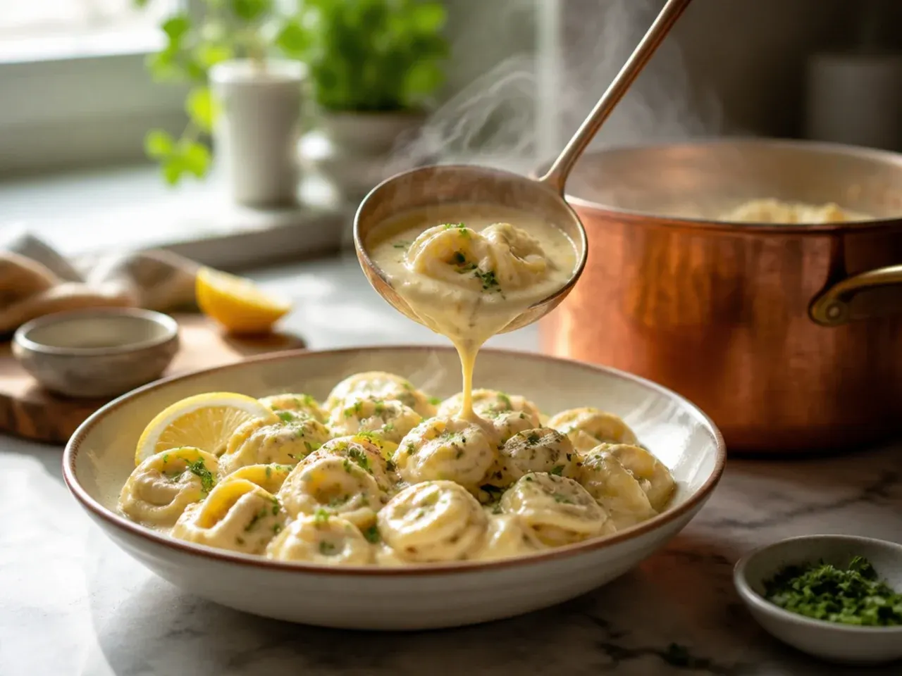 Double cream being stirred into a pan of marinara sauce off the heat