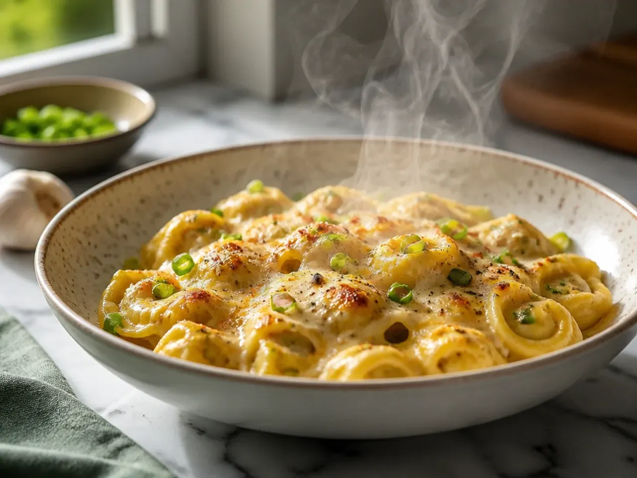 Minced garlic sizzling gently in melted butter in a skillet