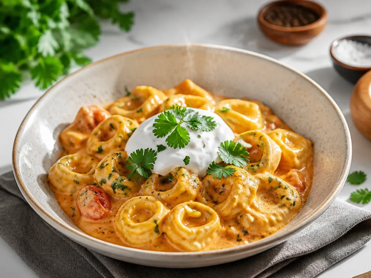 Shredded mozzarella and Parmesan being folded into a pan of tortellini and sauce