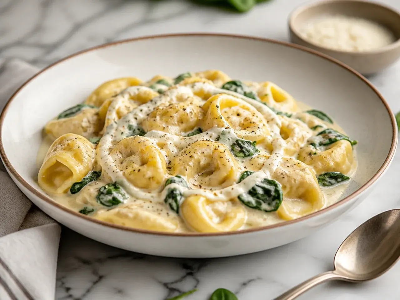 Wide shallow baking dish filled with an even layer of tortellini in sauce