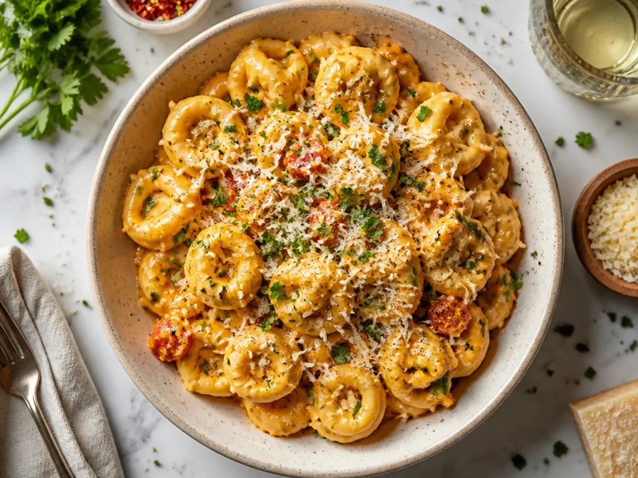 Baking dish of tortellini loosely covered with foil going into the oven