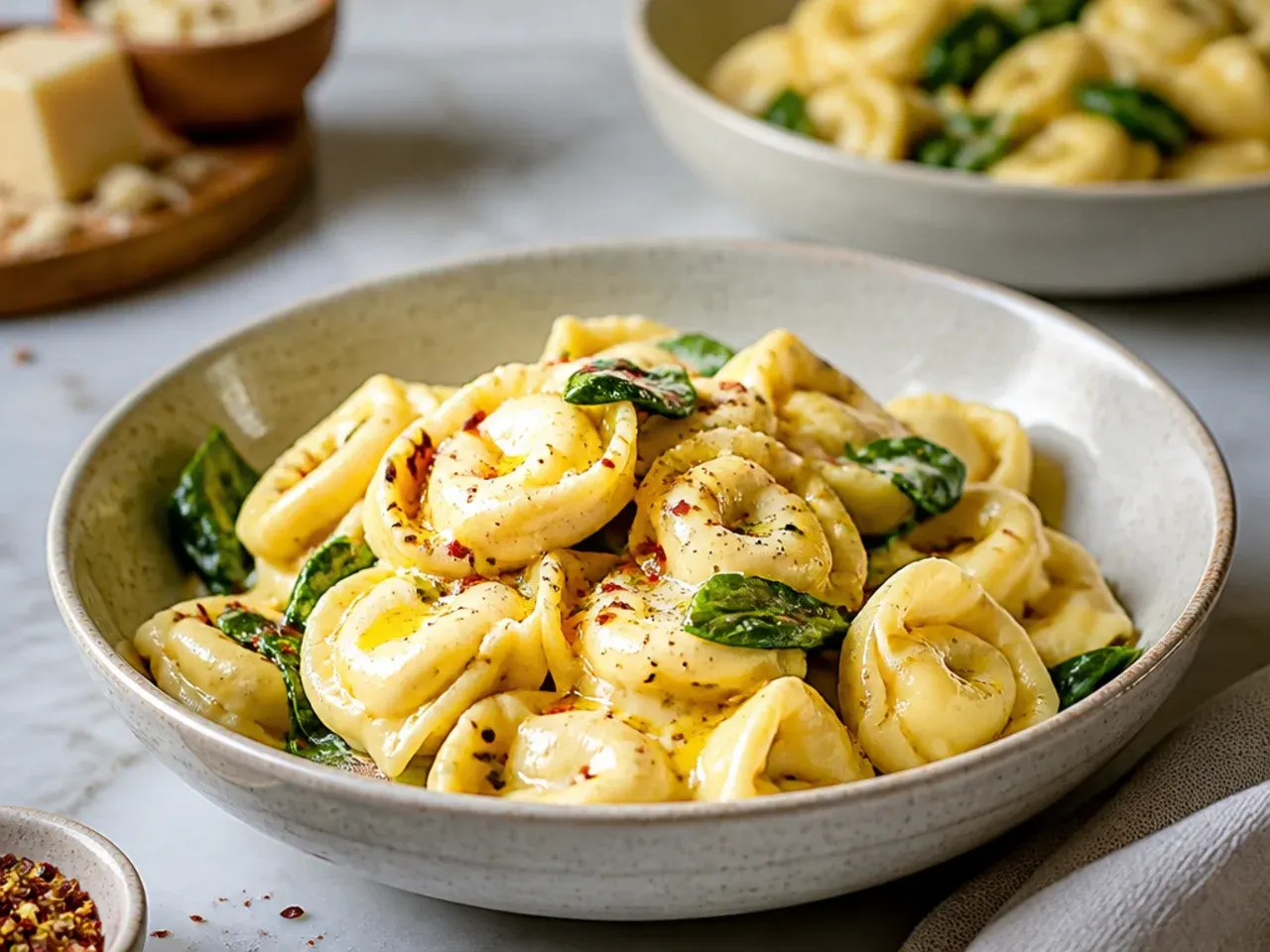 Ladle scooping starchy pasta water from a pot before draining tortellini