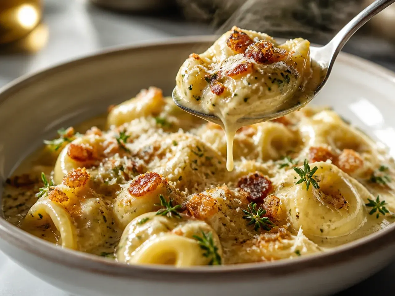 Jar of marinara sauce being poured next to a bowl of measured tortellini