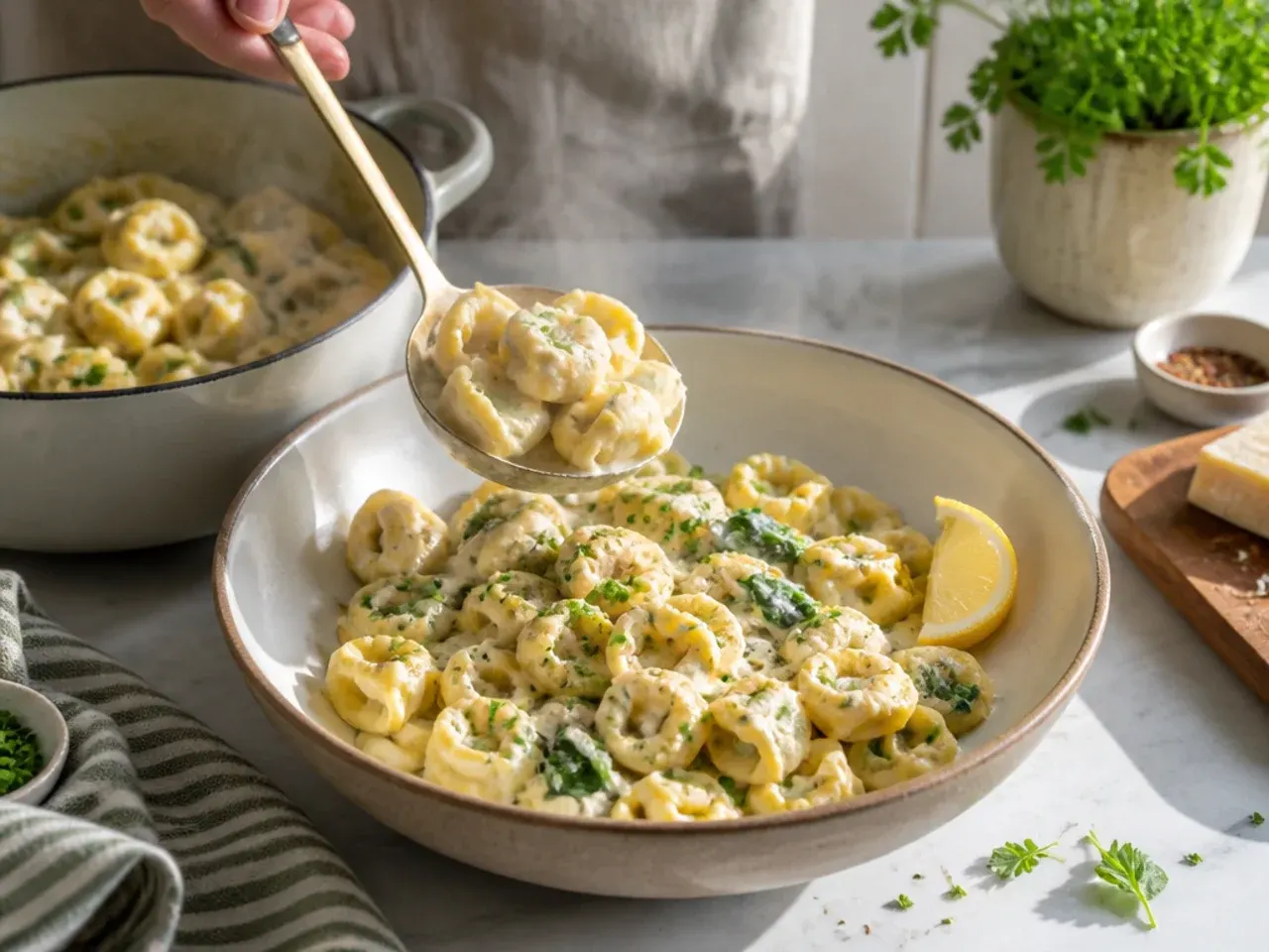 Baked tortellini dish resting under a loose foil tent on a countertop