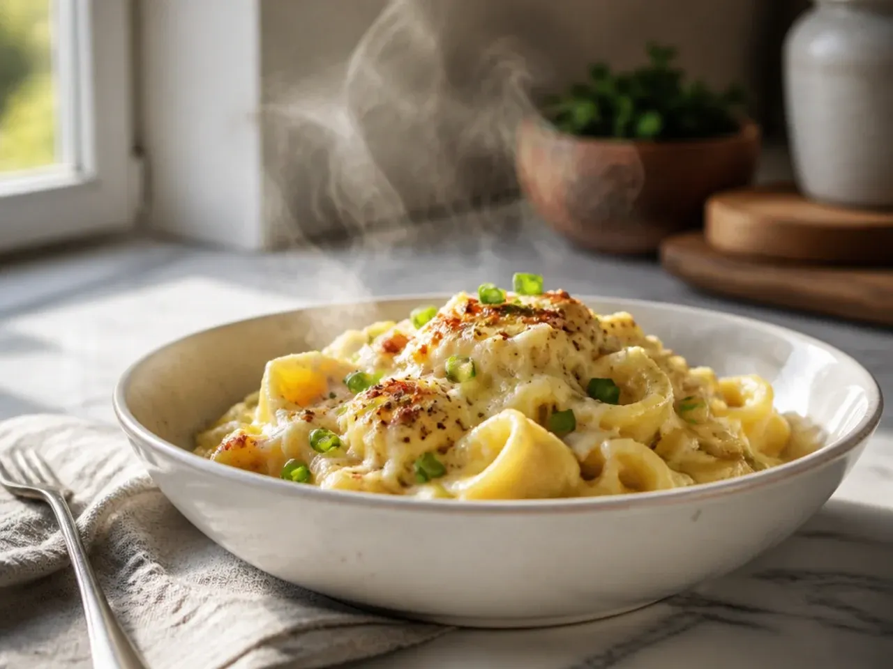 Close-up of baked tortellini with sauce bubbling at the edges and golden cheese