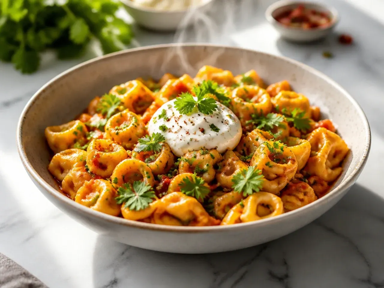 Bag of frozen cheese tortellini being poured directly into boiling water
