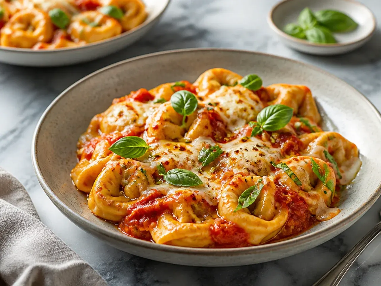 Fresh basil leaves being scattered over finished baked tortellini