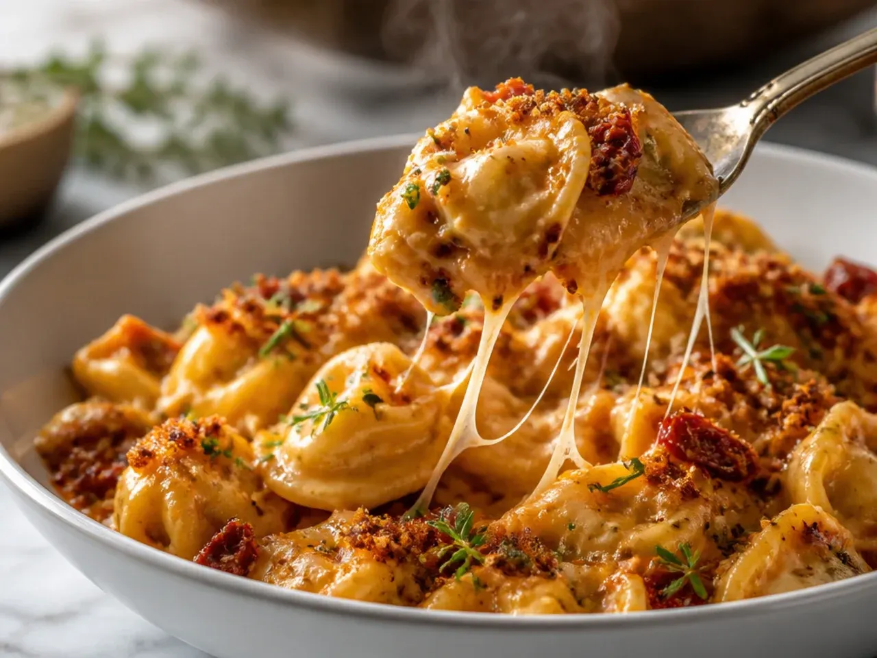 Leftover tortellini being reheated in a covered pan with a splash of milk