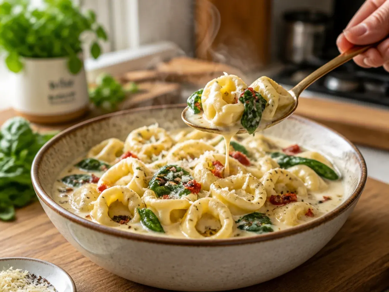 Finished dish of golden baked cheese tortellini served in bowls at the table