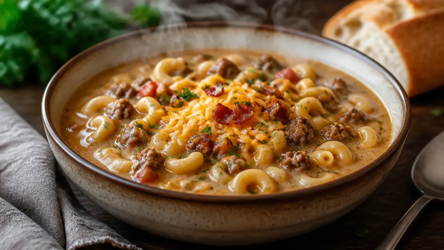 Bowl of creamy cheeseburger macaroni soup topped with shredded cheddar, chopped pickles and diced onion