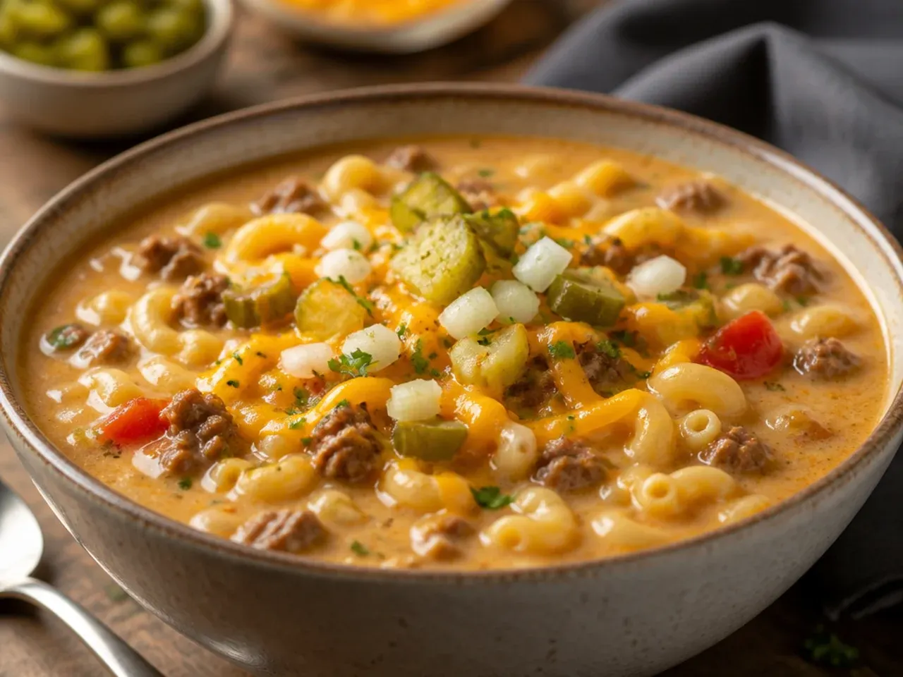 Overhead shot of a pot of cheeseburger macaroni soup with steam rising, surrounded by fresh ingredients