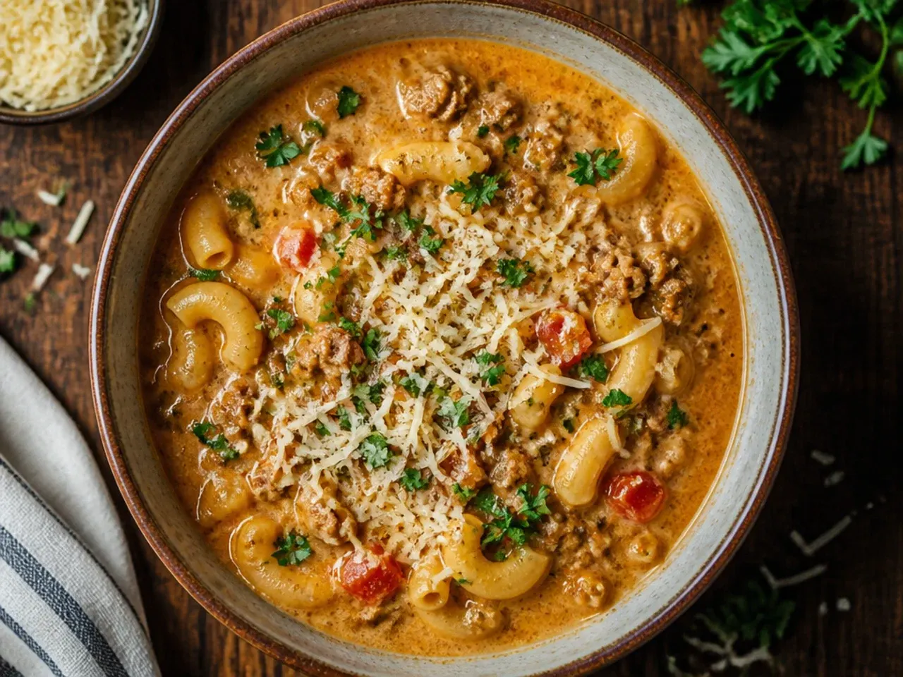 Classic cheeseburger macaroni soup in a white bowl with a spoon