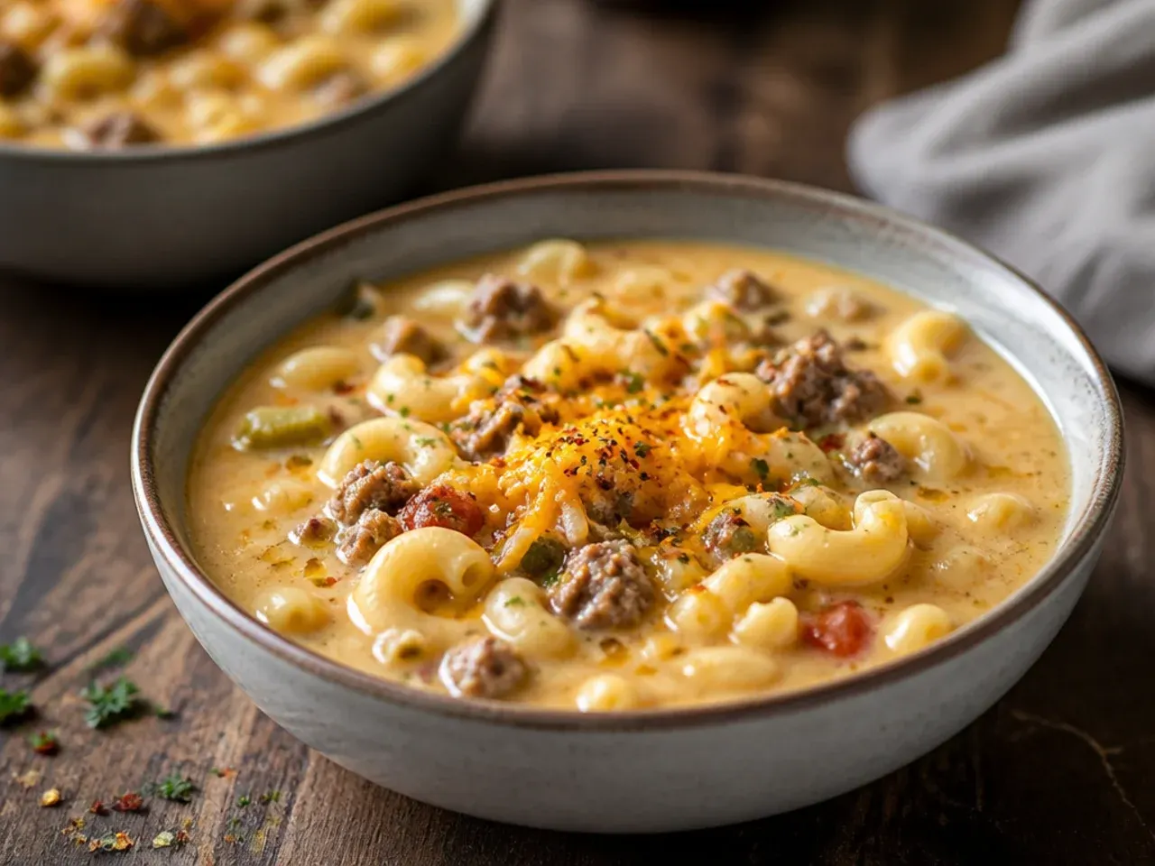 Quick weeknight cheeseburger macaroni soup served in a bowl next to a timer
