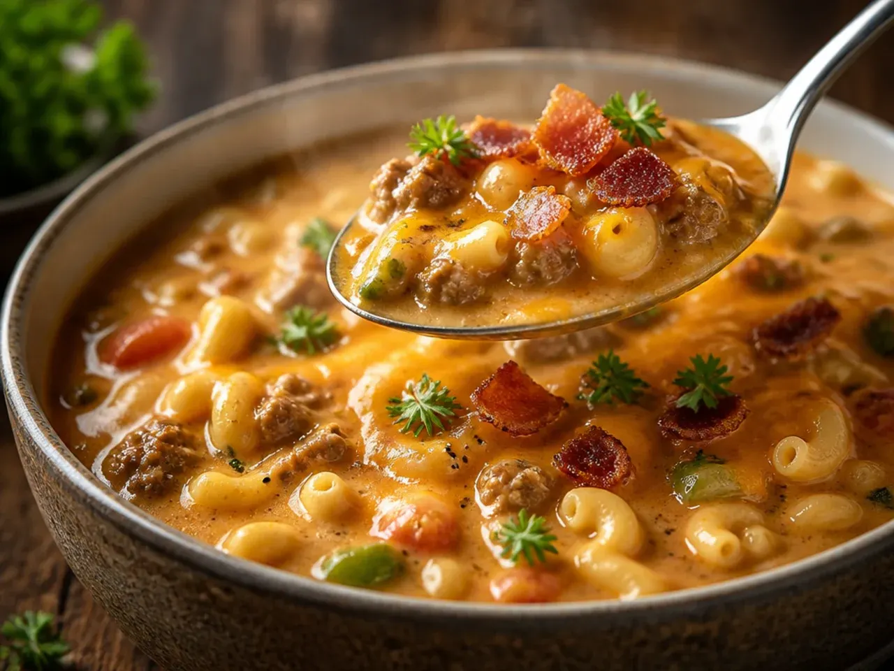 Hearty double-beef cheeseburger macaroni soup piled high with beef and beans
