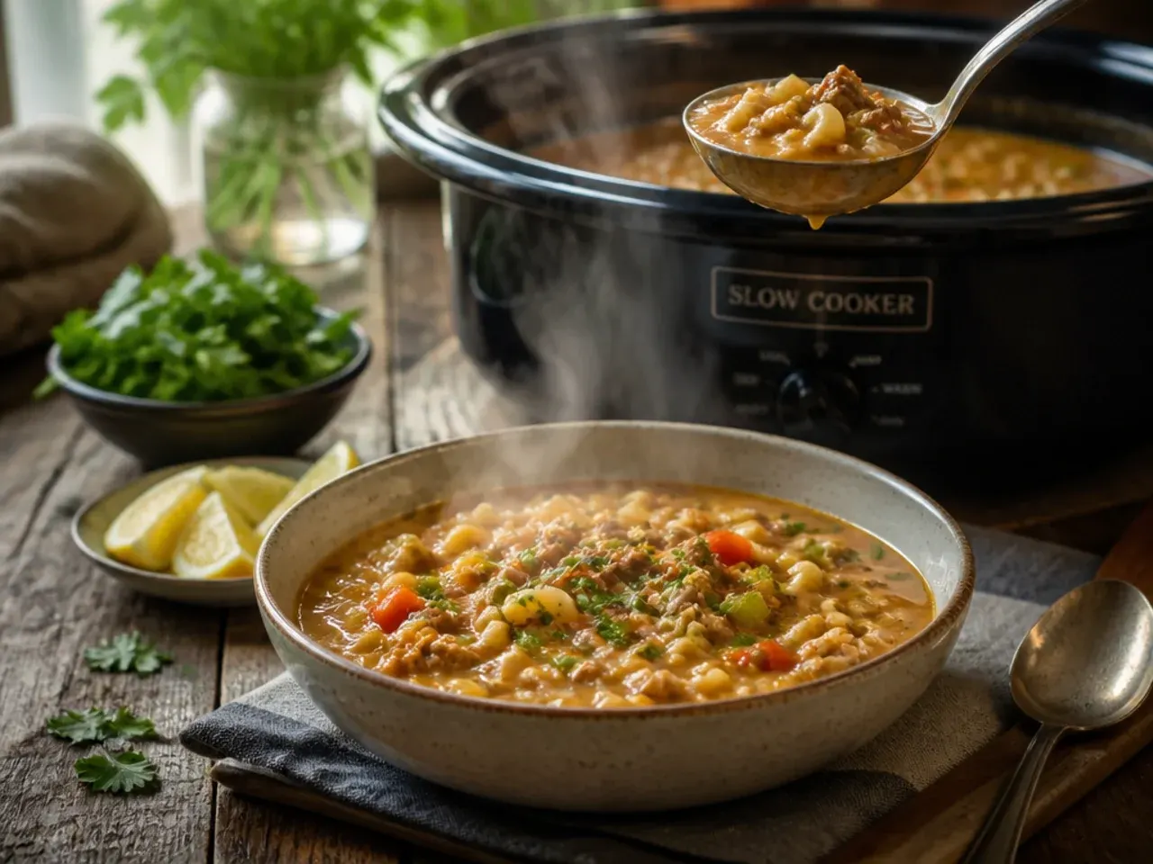 Slow cooker filled with cheeseburger macaroni soup on a kitchen counter