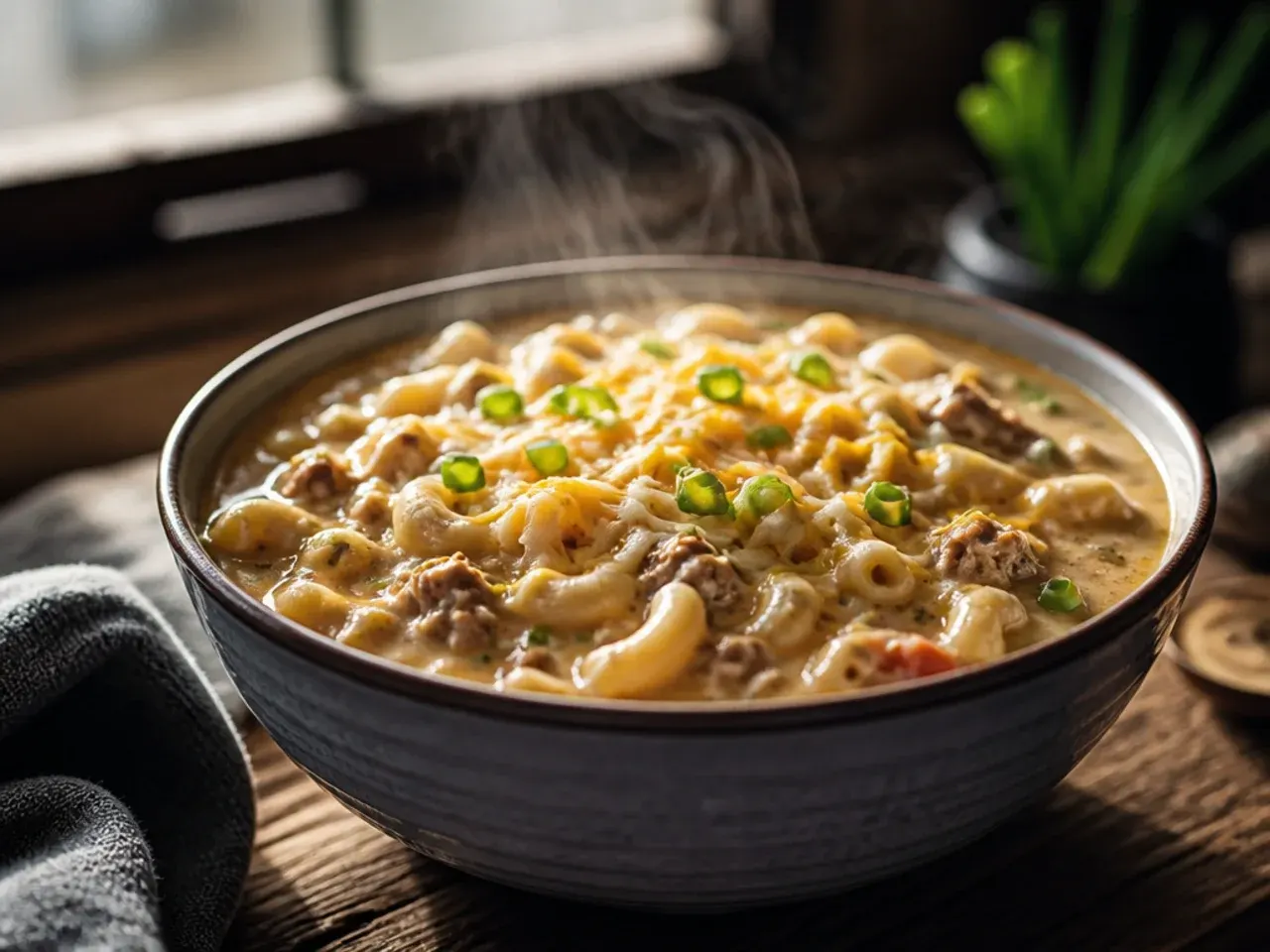 Close-up of creamy three-cheese cheeseburger macaroni soup with visible cheese pull