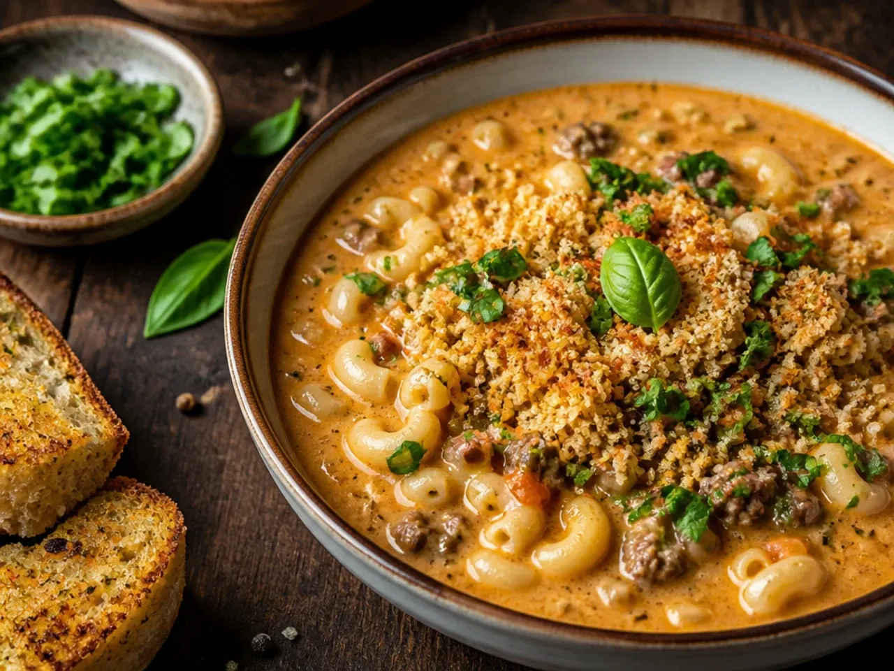 Simple six-ingredient cheeseburger macaroni soup with minimal garnish