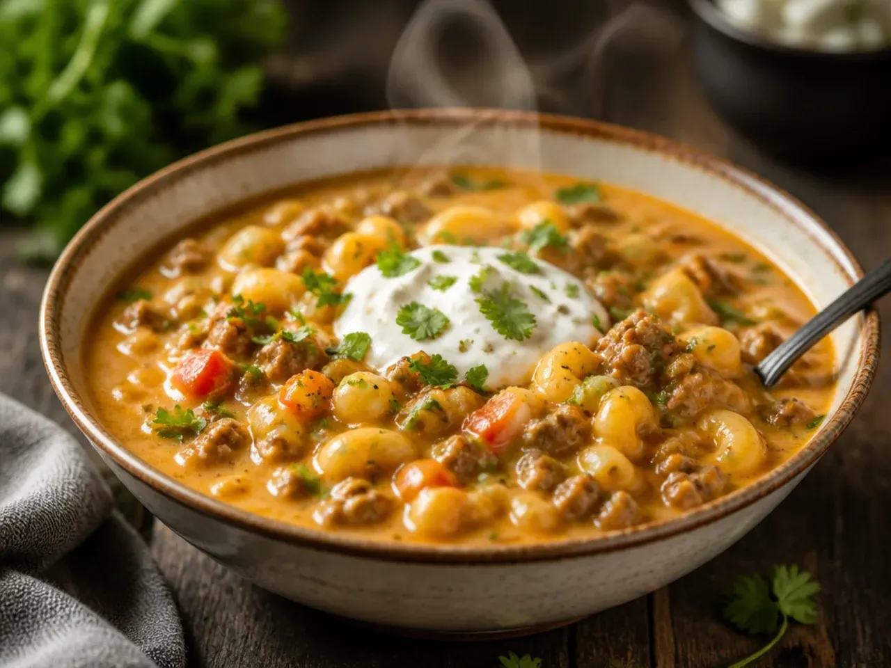 Extra-cheesy cheeseburger macaroni soup with a bubbling cheese topping under the grill