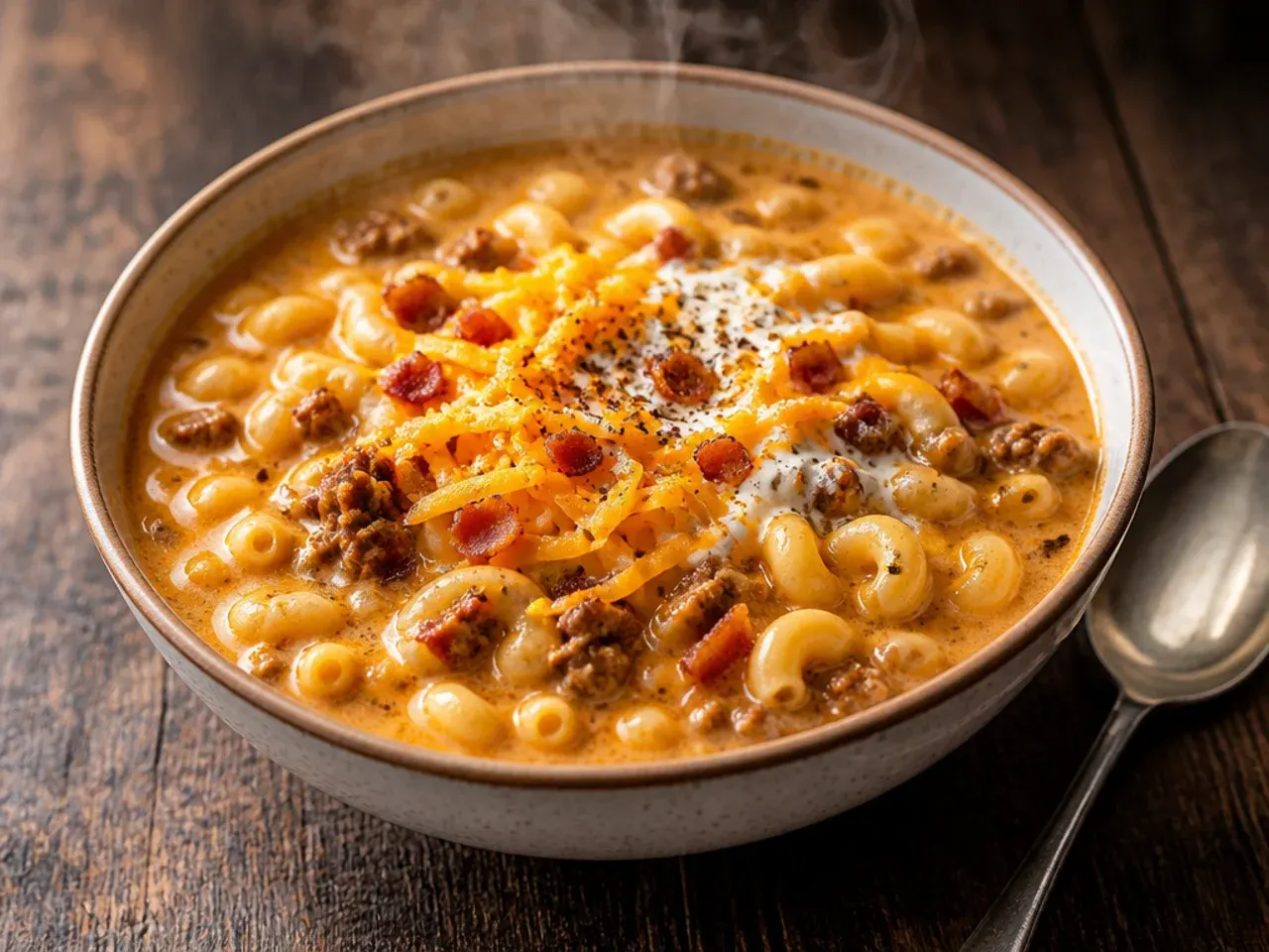 Bacon cheeseburger macaroni soup topped with crispy bacon crumbles