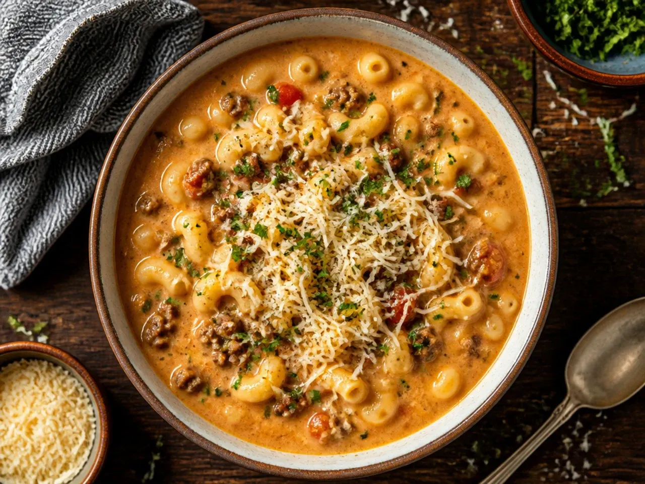 Budget-friendly cheeseburger macaroni soup served in simple bowls