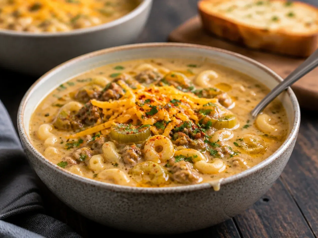 Instant Pot pressure cooker with cheeseburger macaroni soup being stirred