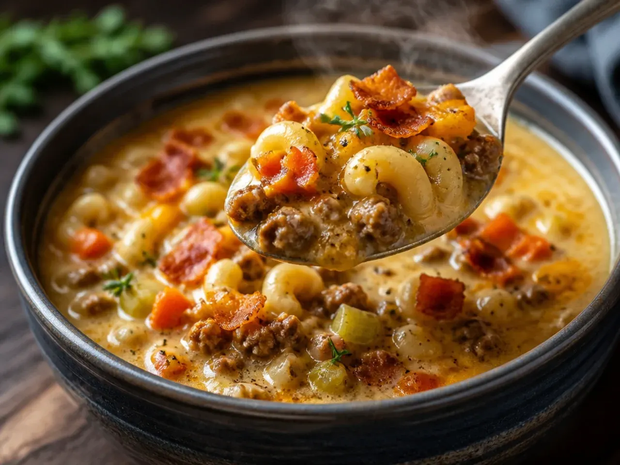 Rustic vegetable cheeseburger macaroni soup with visible courgette and pepper