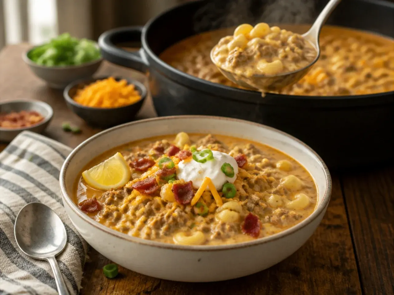 Loaded baked-potato cheeseburger macaroni soup topped with soured cream and chives