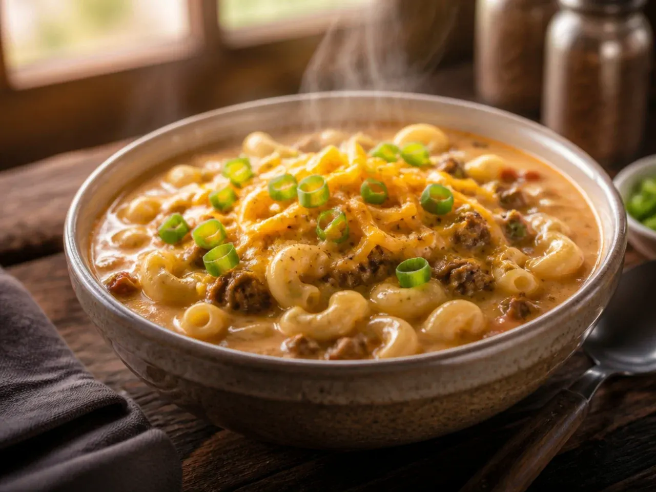 Large stockpot of family-size cheeseburger macaroni soup with a ladle