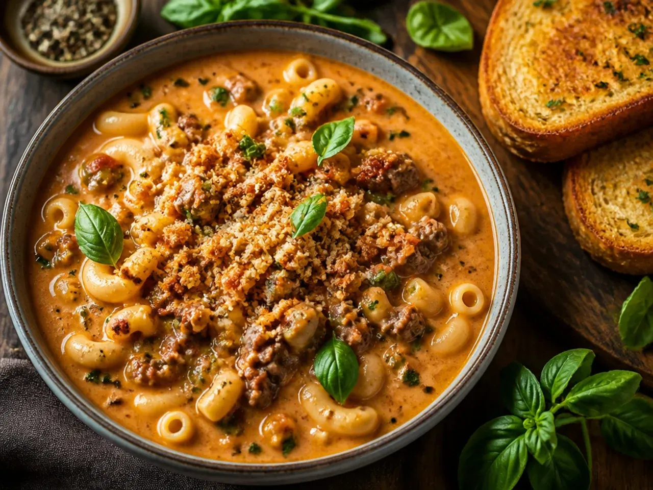 Smoky chipotle cheeseburger macaroni soup garnished with sliced chillies