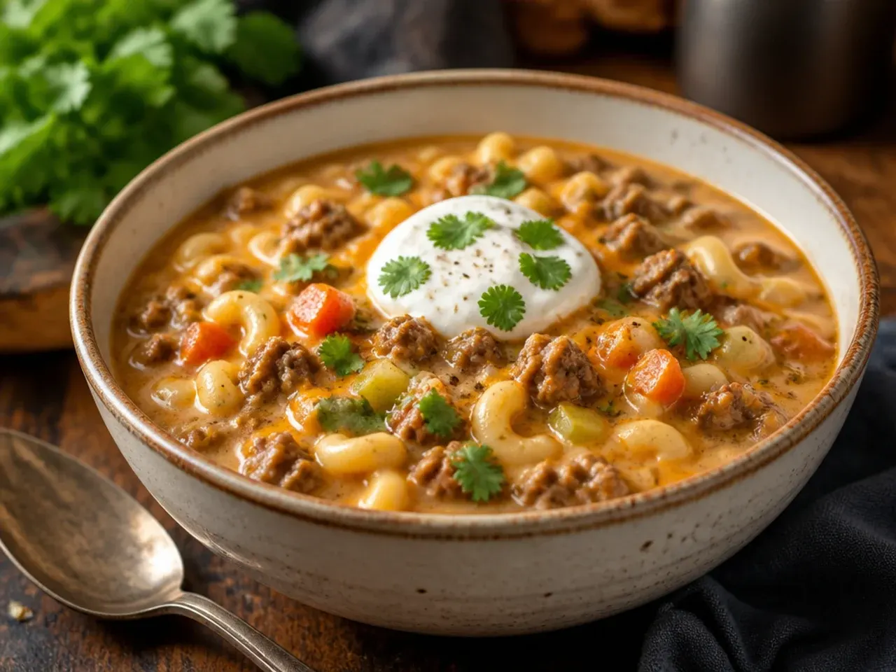One-pot cheeseburger macaroni soup cooking in a Dutch oven
